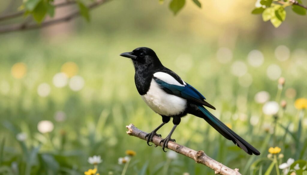A beautiful Eurasian Magpie, characterized by its striking black and white plumage, perched gracefully on a slender branch. The bird is rendered in vivid detail, showcasing its glossy feathers that reflect the sunlight, with an elegantly curved tail fanned out. In the background, a soft-focus image of a lush green park with scattered wildflowers enhances the scene, suggesting a serene spring day. The lighting is warm and vibrant, with sunbeams filtering through the leaves, creating dappled spots on the ground. Capture this scene from a slightly low angle to emphasize the bird’s prominence against the sky, conveying a peaceful and natural atmosphere, inviting viewers to connect with the essence of the Magpie and its distinctive call. A beautiful Eurasian Magpie, characterized by its striking black and white plumage, perched gracefully on a slender branch. The bird is rendered in vivid detail, showcasing its glossy feathers that reflect the sunlight, with an elegantly curved tail fanned out. In the background, a soft-focus image of a lush green park with scattered wildflowers enhances the scene, suggesting a serene spring day. The lighting is warm and vibrant, with sunbeams filtering through the leaves, creating dappled spots on the ground. Capture this scene from a slightly low angle to emphasize the bird’s prominence against the sky, conveying a peaceful and natural atmosphere, inviting viewers to connect with the essence of the Magpie and its distinctive call.