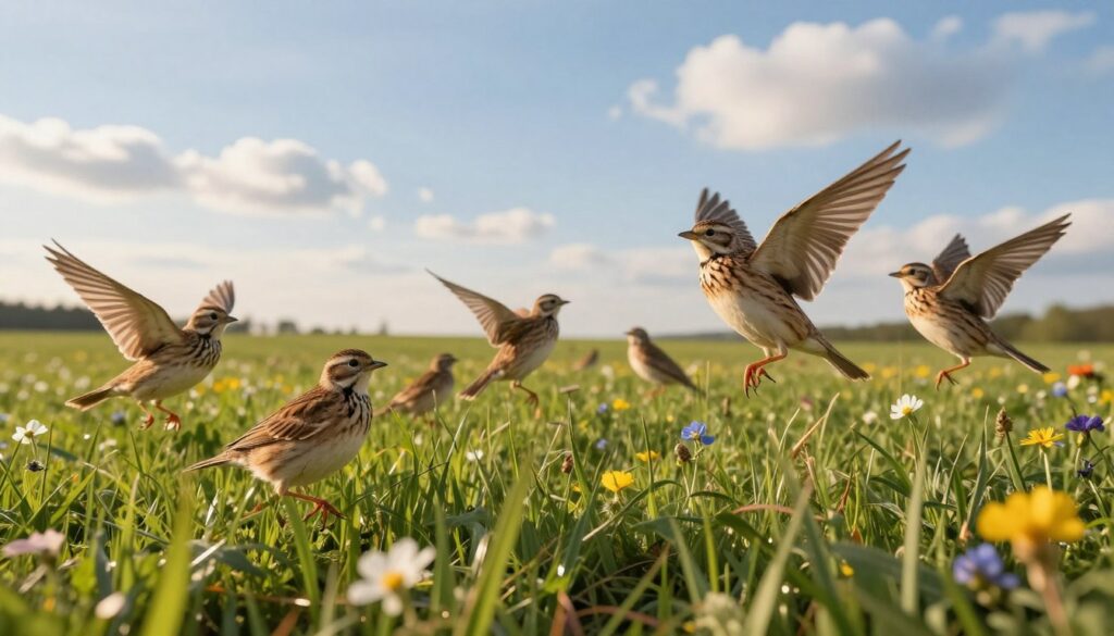 A beautiful scene depicting a group of larks in a lush green field, signifying the arrival of spring in Poland. In the foreground, a few larks are captured mid-flight, their brown and white feathers glinting in the warm sunlight, showcasing their delicate wings and expressive postures. In the middle ground, gently swaying grass and colorful wildflowers bloom, enhancing the vibrant atmosphere. The background features a soft blue sky dotted with fluffy white clouds, reminiscent of early March. The sunlight casts a golden hue over the landscape, creating a warm, hopeful mood. The image is framed in a slightly angled view to draw attention to the birds, illustrating the joy and renewal of the season.