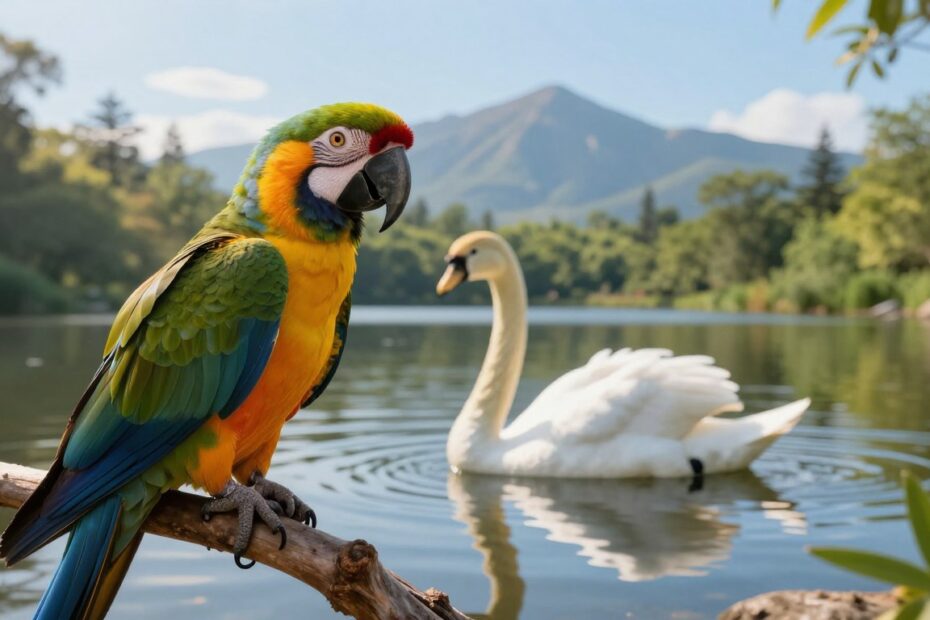 A beautifully arranged composition showcasing various long-lived bird species in their natural habitats. In the foreground, depict a majestic parrot perched on a branch, its vibrant feathers glistening under soft sunlight. In the middle ground, illustrate an elegant swan gliding gracefully on a serene lake, surrounded by lush greenery, symbolizing longevity. In the background, include silhouettes of mountains under a clear blue sky, conveying tranquility and longevity. Use warm, inviting lighting to create an uplifting mood, emphasizing the beauty of these birds. Capture the scene with a medium telephoto lens to provide a nice depth of field and focus on the details of feathers and water reflections, while ensuring the image resonates with themes of life and endurance in the avian world.