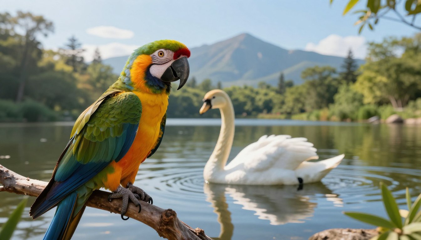 A beautifully arranged composition showcasing various long-lived bird species in their natural habitats. In the foreground, depict a majestic parrot perched on a branch, its vibrant feathers glistening under soft sunlight. In the middle ground, illustrate an elegant swan gliding gracefully on a serene lake, surrounded by lush greenery, symbolizing longevity. In the background, include silhouettes of mountains under a clear blue sky, conveying tranquility and longevity. Use warm, inviting lighting to create an uplifting mood, emphasizing the beauty of these birds. Capture the scene with a medium telephoto lens to provide a nice depth of field and focus on the details of feathers and water reflections, while ensuring the image resonates with themes of life and endurance in the avian world.