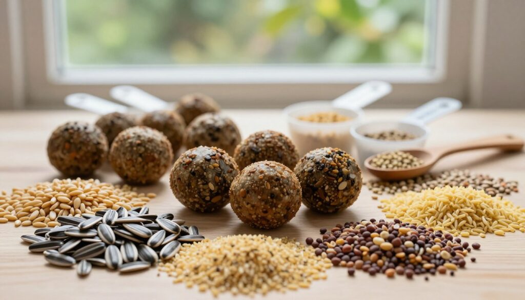 A beautifully arranged flat lay of various birdseed ingredients used for making fat balls for birds. In the foreground, display a mixture of sunflower seeds, peanuts, suet, and various grains, showcasing diverse textures and colors. The middle ground features measuring cups and a wooden spoon, emphasizing the preparation process. In the background, soft lighting filters through a window, creating a warm and inviting atmosphere. A blurred, natural setting with green foliage can be seen to enhance the outdoor theme. The mood is wholesome and nurturing, ideal for attracting birds to gardens. The focus is on the ingredients, ensuring a detailed depiction without any text or overlay.