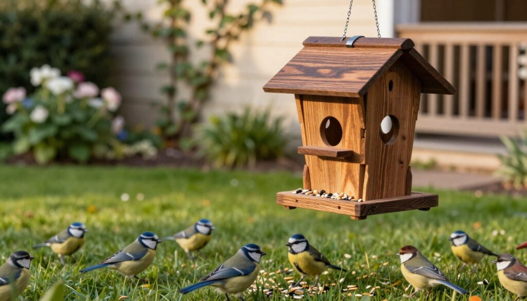 A beautifully crafted bird feeder, or "karmnik," is perched amidst a serene garden setting, with rich wooden textures showcasing its intricate design. In the foreground, a variety of colorful birds—such as blue tits and sparrows—are happily feeding on seeds scattered around the feeder. The middle ground features a well-kept lawn with lush green grass and a flowering shrub, adding life to the composition. In the background, a soft-focus view of a balcony or garden wall is adorned with climbing vines. The warm, natural lighting of late afternoon casts gentle shadows, creating a tranquil and inviting atmosphere. Capture this scene from a slightly elevated angle, emphasizing the interaction between the birds and their feeder, evoking a sense of harmony and care for nature.