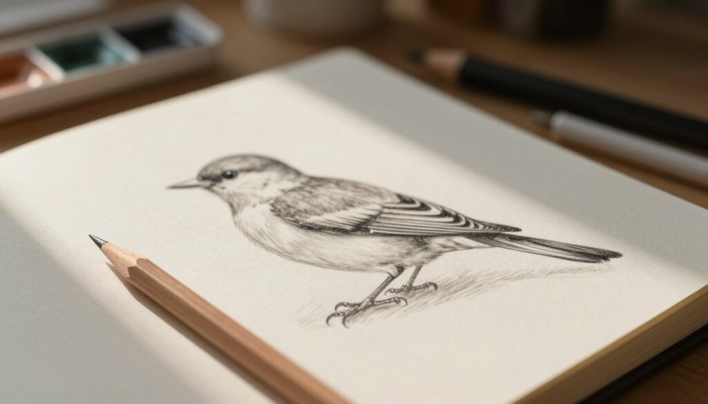 A beautifully crafted pencil resting on a textured sketchbook, showcasing a delicate and realistic drawing of a bird in progress. In the foreground, the pencil is slightly angled, highlighting its graphite tip against the textured paper. The middle ground features the sketch of a bird, capturing intricate details like feathers and the gentle curve of its body, conveying a sense of movement and lightness. Soft, natural lighting filters in from one side, casting subtle shadows and creating a warm, inviting atmosphere. The background is softly blurred, hinting at a cozy workspace with art supplies neatly arranged. The overall mood is serene and artistic, inspiring creativity and focus in the drawing process.