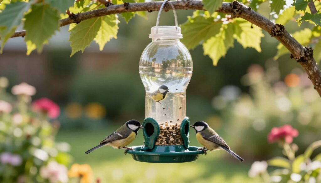 A beautifully designed bird feeder made from a clear plastic bottle, showcasing a sturdy, waterproof base and drainage holes to prevent water accumulation. The feeder is hanging from a rustic wooden branch, surrounded by vibrant green leaves and soft sunlight filtering through them. In the foreground, small birds are perched on the feeder, enjoying seeds spilling from the bottle, capturing a lively, natural scene. The middle ground features a blurred garden setting with colorful flowers and shrubs, while the background is a gentle blur of trees, enhancing the focus on the bird feeder. The overall mood is cheerful and inviting, emphasizing durability and practicality in bird feeder design. The lighting is warm, creating a sense of tranquility.