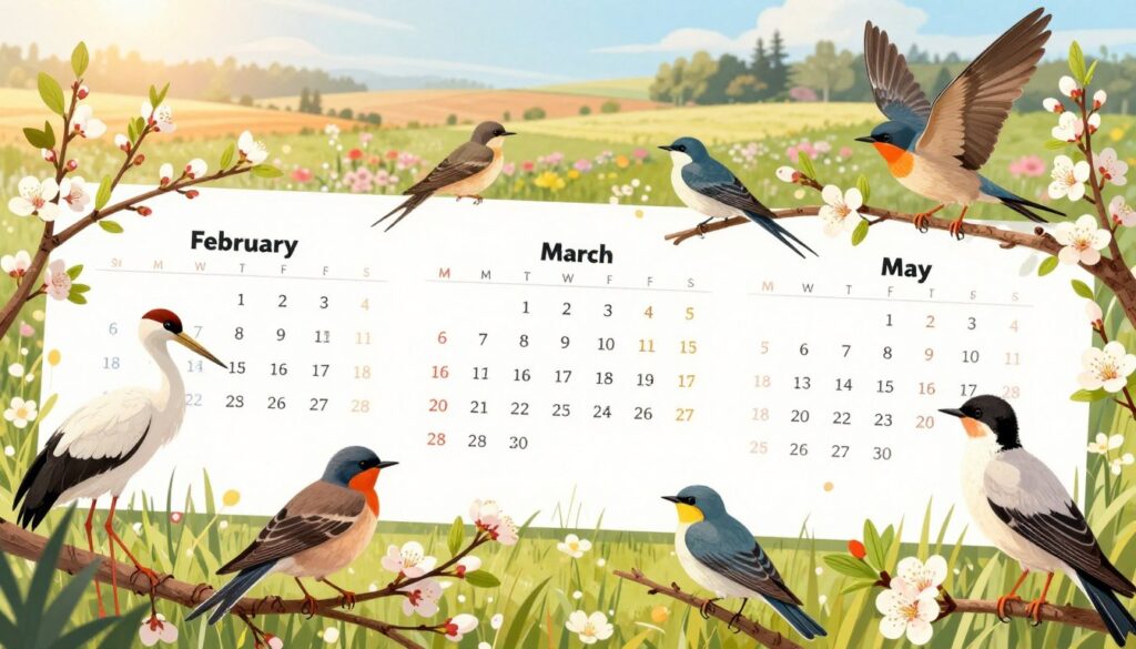 A beautifully illustrated calendar spread showcasing the arrival of migratory birds in Poland from February to May. In the foreground, delicate illustrations of various bird species such as storks, swallows, and cuckoos are perched on vibrant branches, each bird depicted in colorful detail. The middle layer features clear monthly sections labeled for February, March, April, and a hint of May, adorned with blossoming flowers and green leaves, symbolizing the arrival of spring. The background displays a scenic landscape of fields and blooming meadows under a soft, warm sunlight, casting a serene and hopeful atmosphere. The image should evoke a sense of wonder and anticipation for the season of renewal and the arrival of spring birds, captured from a slightly elevated angle to encompass the entire calendar layout harmoniously.