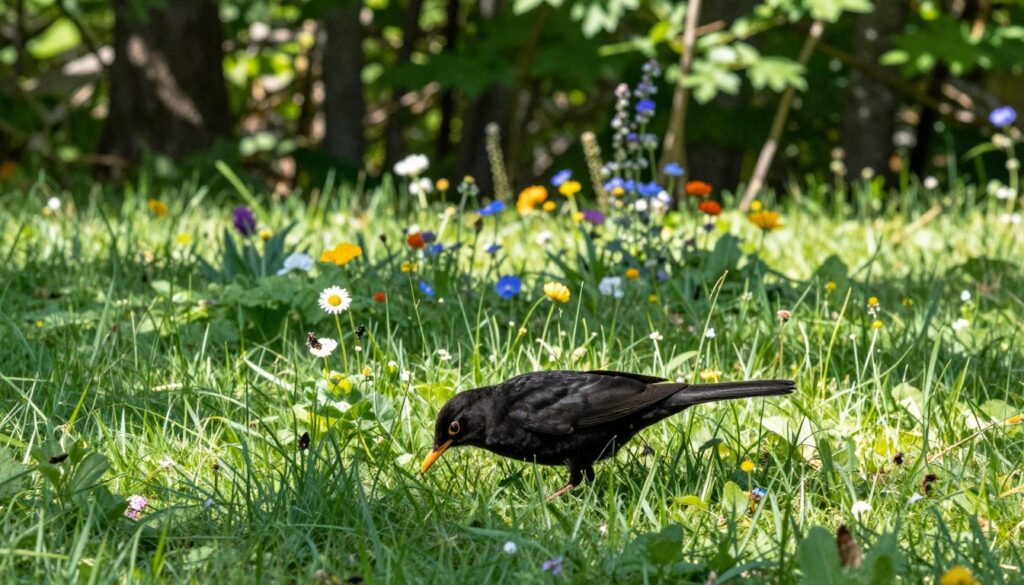 A blackbird foraging for food on a lush green lawn, with its glossy black feathers shining in the dappled sunlight. In the foreground, the bird is depicted bending down, pecking at the earth between scattered blades of grass, showcasing its keen foraging behavior. The middle layer features a variety of colorful wildflowers and small insects, signifying the diverse food sources available. In the background, a dense forest edge with tall trees, their leaves creating a beautiful interplay of light and shadow. The atmosphere is serene and vibrant, capturing the essence of a sunny day in a garden. Use soft focus for the background to emphasize the blackbird's activity in the foreground, with natural lighting enhancing the overall richness of colors.