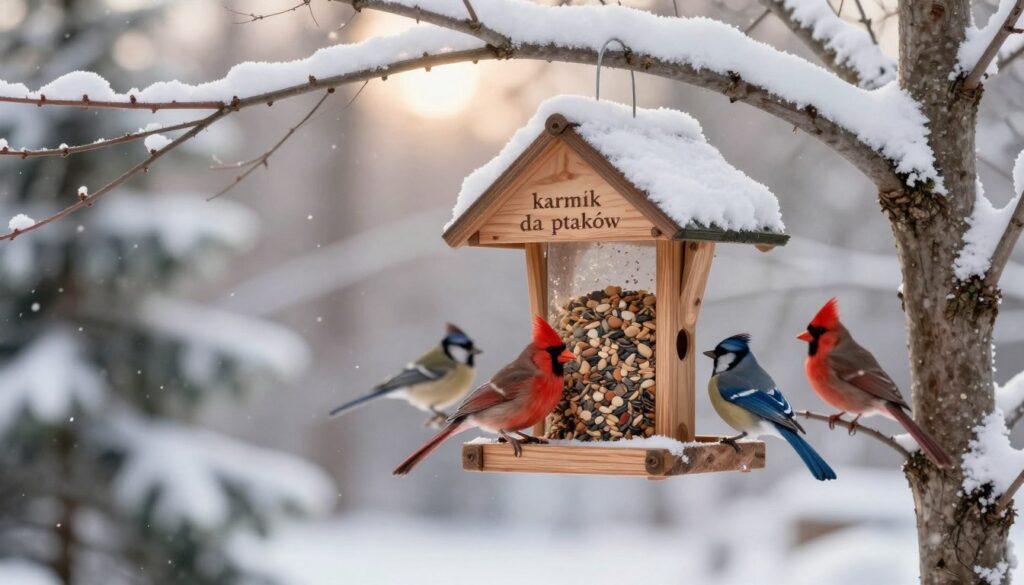 A charming winter scene featuring a wooden bird feeder, known as "karmnik dla ptaków," hanging from a snow-covered tree branch. In the foreground, the bird feeder is a rustic design, filled with assorted seeds and nuts, inviting local birds. A few colorful birds, such as red cardinals and blue jays, are perched on the feeder and nearby branches, adding life and vibrancy to the image. In the middle ground, a gentle snowfall creates a serene atmosphere, while a soft, muted sunlight filters through the trees, casting a warm glow over the scene. The background features a blurred arrangement of evergreen trees, enhancing the winter ambiance. The overall mood is peaceful and inviting, perfect for illustrating a cozy winter’s day for birds in nature. A charming winter scene featuring a wooden bird feeder, known as "karmnik dla ptaków," hanging from a snow-covered tree branch. In the foreground, the bird feeder is a rustic design, filled with assorted seeds and nuts, inviting local birds. A few colorful birds, such as red cardinals and blue jays, are perched on the feeder and nearby branches, adding life and vibrancy to the image. In the middle ground, a gentle snowfall creates a serene atmosphere, while a soft, muted sunlight filters through the trees, casting a warm glow over the scene. The background features a blurred arrangement of evergreen trees, enhancing the winter ambiance. The overall mood is peaceful and inviting, perfect for illustrating a cozy winter’s day for birds in nature.