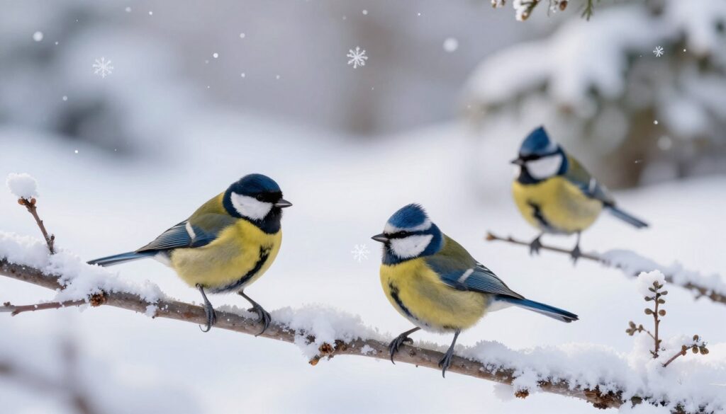 A charming winter scene featuring three species of tits in a snowy landscape: a great tit (Bogatka) with its distinctive yellow and black plumage, a blue tit (Modraszka) showcasing its vibrant blue and yellow feathers, and a crested tit (Czubata) with its unique tufted crown. In the foreground, the birds are perched on frosted branches, surrounded by delicate snowflakes glistening in soft winter sunlight. The middle ground presents a gentle slope covered in fresh snow, while conifer trees can be seen in the distance, their branches heavy with snow. The lighting is soft and diffused, creating a serene and tranquil atmosphere, ideal for illustrating the beauty of these birds in their winter habitat. A charming winter scene featuring three species of tits in a snowy landscape: a great tit (Bogatka) with its distinctive yellow and black plumage, a blue tit (Modraszka) showcasing its vibrant blue and yellow feathers, and a crested tit (Czubata) with its unique tufted crown. In the foreground, the birds are perched on frosted branches, surrounded by delicate snowflakes glistening in soft winter sunlight. The middle ground presents a gentle slope covered in fresh snow, while conifer trees can be seen in the distance, their branches heavy with snow. The lighting is soft and diffused, creating a serene and tranquil atmosphere, ideal for illustrating the beauty of these birds in their winter habitat.