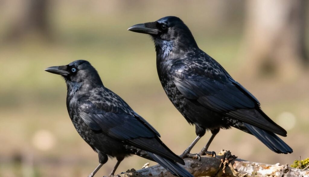 A clear and detailed illustration of a Eurasian Jackdaw (kawka) and a Western Crow (wrona siwa) positioned side by side for an educational comparison. In the foreground, focus on the jackdaw with its distinct shiny black feathers and striking blue-grey eyes, showcasing its smaller and slender silhouette. The crow should be slightly behind, displaying its larger body and darker plumage, characterized by a more robust beak. Both birds are perched on a branch, set against a soft blurred background of a natural habitat, like a park or woodland. The lighting is warm and natural, simulating a sunny day, casting gentle shadows and emphasizing their unique color differences. The atmosphere is calm, inviting a closer look at the avian features. A clear and detailed illustration of a Eurasian Jackdaw (kawka) and a Western Crow (wrona siwa) positioned side by side for an educational comparison. In the foreground, focus on the jackdaw with its distinct shiny black feathers and striking blue-grey eyes, showcasing its smaller and slender silhouette. The crow should be slightly behind, displaying its larger body and darker plumage, characterized by a more robust beak. Both birds are perched on a branch, set against a soft blurred background of a natural habitat, like a park or woodland. The lighting is warm and natural, simulating a sunny day, casting gentle shadows and emphasizing their unique color differences. The atmosphere is calm, inviting a closer look at the avian features.