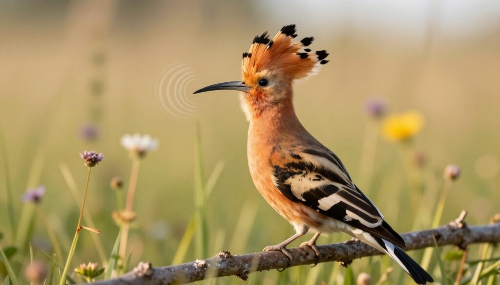 A close-up of a European hoopoe (dudek) perched on a branch, showcasing its vibrant plumage in shades of orange and black, with the distinctive crest raised. The bird is facing slightly to the side, highlighting its long, curved beak and wide, expressive eyes. In the background, a softly blurred landscape of a sunny meadow filled with wildflowers and tall grass creates an inviting atmosphere. The lighting is warm and natural, evoking a serene morning ambiance. The image captures the essence of the hoopoe's characteristic "du-du-du" calls, with sound waves visually implied through gentle ripple patterns in the air around the bird. The composition is focused and detailed, emphasizing the unique features and beauty of this remarkable bird.