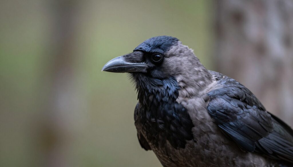 A close-up of a bird, specifically a crow, displaying signs of rabies infection, with a slightly distorted, anguished expression. The feathers appear ruffled and unkempt, showcasing a mix of dull colors that signify illness. In the foreground, the crow's beak is slightly open, hinting at agitation or distress. The middle ground features a blurred background of a wooded area, with soft, diffused lighting filtering through leaves, suggesting a serene yet eerie atmosphere. The scene captures a sense of tension, evoking curiosity about the disease's impact on avian life. The overall mood is somber and thought-provoking, designed to engage viewers in the topic of wildlife diseases.