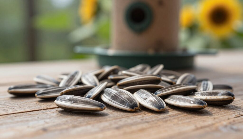 A close-up of sunflower seeds scattered on a rustic wooden surface, showcasing their unique shapes and textures. In the foreground, the seeds glisten slightly, capturing natural sunlight that highlights their smooth, glossy shells. The middle ground features blurred green foliage or a bird feeder, suggesting a natural outdoor setting. In the background, a soft, warm bokeh effect creates an inviting atmosphere, evoking a sense of tranquility and nurturing for birds. The overall mood is serene and harmonious, perfect for illustrating a birdfeeding theme. The scene should be well-lit with natural daylight, ideally captured from a low angle to emphasize the seeds' details.