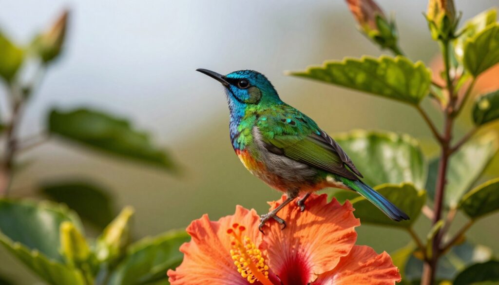 A close-up of the exquisite koliberek hawański, the world's smallest bird, perched delicately on a vibrant hibiscus flower, showcasing its iridescent green and blue feathers in stunning detail. The foreground features the bird's tiny form, capturing the intricate patterns of its plumage, while the middle ground presents lush tropical foliage, adding depth to the scene. The background is softly blurred, hinting at a sun-drenched garden, with warm, golden light illuminating the bird and flowers, creating an inviting and tranquil atmosphere. The angle is slightly from below, highlighting the bird against the sky, evoking a sense of wonder and fragility, emphasizing the need for conservation efforts.