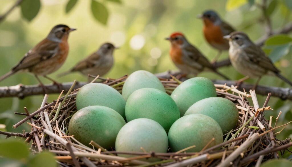 A close-up of vibrant green eggs nestled in a natural setting, showcasing various bird species known for laying such eggs. In the foreground, a cluster of smooth, speckled green eggs in a rustic nest made of twigs and grass. The middle ground features a few small birds, like the American Robin and certain types of finches, perched on branches nearby, attentively watching over the nest. The background is softly blurred, depicting a lush, green landscape with dappled sunlight filtering through the leaves, creating a warm and inviting atmosphere. The scene is captured in natural light, emphasizing the earthy tones and the delicate textures of the eggs and nest. The overall mood is tranquil and serene, inviting curiosity about these fascinating bird species and their unique eggs.
