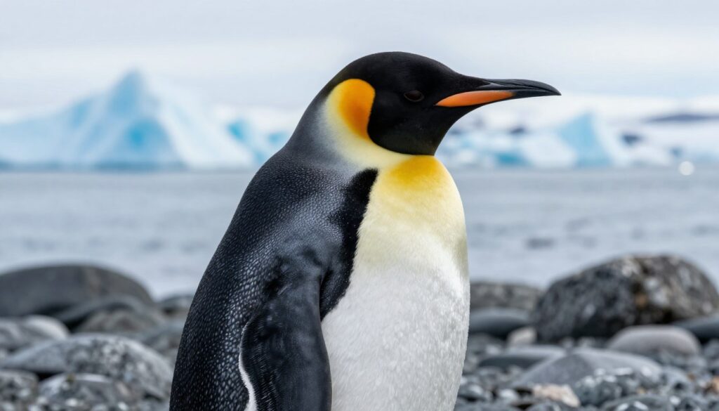 A close-up portrait of a penguin's feathers, showcasing their unique texture and coloration. The foreground highlights the glossy, sleek black feathers contrasted with soft, fluffy white undercoating, capturing the essence of this flightless bird. In the middle ground, the penguin stands gracefully on a rocky shoreline, surrounded by a serene icy landscape, with shimmering icebergs in the background under a soft, diffused daylight. The scene should convey a calm and peaceful atmosphere, reflecting the natural habitat of penguins. Use a wide-angle lens to emphasize the penguin's features, with gentle lighting that highlights the iridescence of the feathers, ensuring the image portrays the majesty of this bird. A close-up portrait of a penguin's feathers, showcasing their unique texture and coloration. The foreground highlights the glossy, sleek black feathers contrasted with soft, fluffy white undercoating, capturing the essence of this flightless bird. In the middle ground, the penguin stands gracefully on a rocky shoreline, surrounded by a serene icy landscape, with shimmering icebergs in the background under a soft, diffused daylight. The scene should convey a calm and peaceful atmosphere, reflecting the natural habitat of penguins. Use a wide-angle lens to emphasize the penguin's features, with gentle lighting that highlights the iridescence of the feathers, ensuring the image portrays the majesty of this bird.