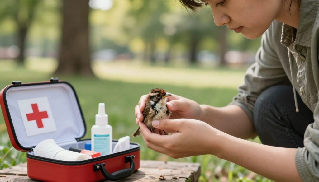 A close-up scene illustrating a compassionate person gently handling an injured bird, set against a soft natural background. The foreground showcases the tender interaction, with the individual wearing modest casual clothing, examining the bird with care. The middle layer depicts a small first aid kit open nearby, containing supplies like bandages and antiseptic, suggesting an immediate response to the bird’s needs. In the background, a serene park setting with green trees and soft sunlight filtering through the leaves creates a calm atmosphere. The overall mood should be warm and reassuring, highlighting the importance of providing safe assistance to injured wildlife. The lighting is soft and natural, emphasizing the gentle touch of the caregiver. A close-up scene illustrating a compassionate person gently handling an injured bird, set against a soft natural background. The foreground showcases the tender interaction, with the individual wearing modest casual clothing, examining the bird with care. The middle layer depicts a small first aid kit open nearby, containing supplies like bandages and antiseptic, suggesting an immediate response to the bird’s needs. In the background, a serene park setting with green trees and soft sunlight filtering through the leaves creates a calm atmosphere. The overall mood should be warm and reassuring, highlighting the importance of providing safe assistance to injured wildlife. The lighting is soft and natural, emphasizing the gentle touch of the caregiver.