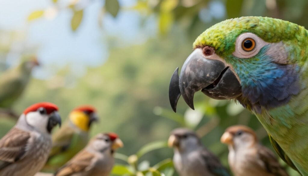 A close-up view of a bird's beak, showcasing its unique structure and texture, with detailed emphasis on the smooth, curved edges and pointed tip. The foreground features a variety of bird species, such as a parrot and a finch, each demonstrating their distinct beak shapes and sizes. In the middle ground, there’s a blurred image of a lush green habitat, suggesting the bird's natural environment, with soft sunlight filtering through leaves to create a warm, inviting atmosphere. The background fades into a light blue sky, enhancing the overall tranquility of the scene. The mood of the image is educational yet serene, with an emphasis on the anatomical features of the beak as it relates to the bird's feeding habits. A close-up view of a bird's beak, showcasing its unique structure and texture, with detailed emphasis on the smooth, curved edges and pointed tip. The foreground features a variety of bird species, such as a parrot and a finch, each demonstrating their distinct beak shapes and sizes. In the middle ground, there’s a blurred image of a lush green habitat, suggesting the bird's natural environment, with soft sunlight filtering through leaves to create a warm, inviting atmosphere. The background fades into a light blue sky, enhancing the overall tranquility of the scene. The mood of the image is educational yet serene, with an emphasis on the anatomical features of the beak as it relates to the bird's feeding habits.