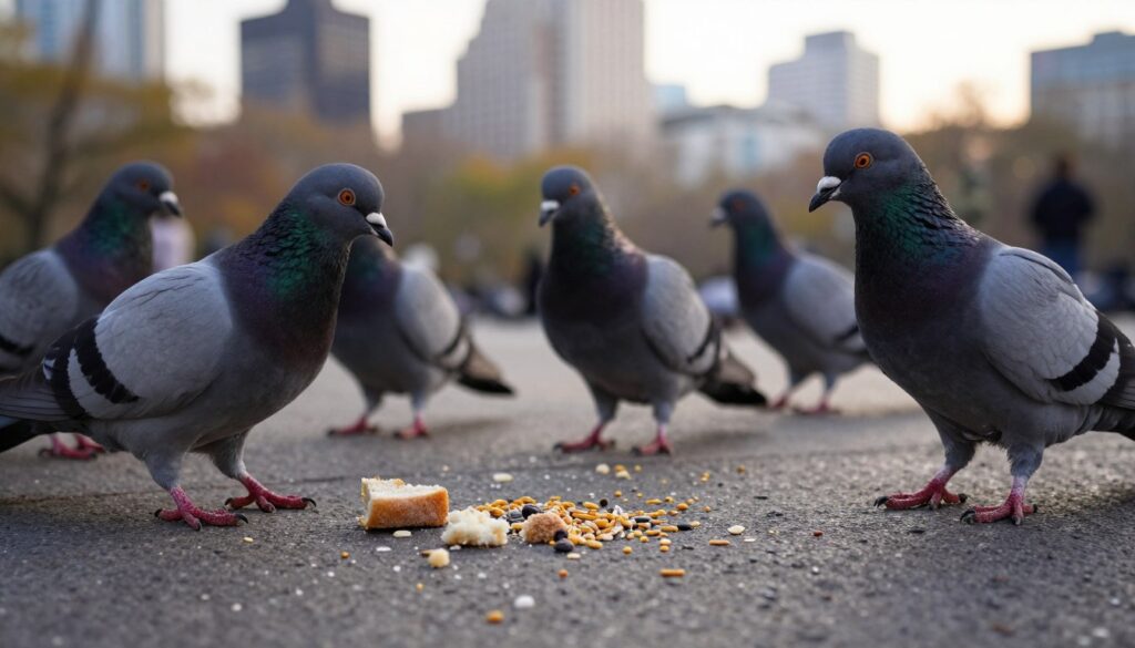 A close-up view of a city park scene featuring a group of urban pigeons foraging for food on the ground. The foreground captures details of various seeds, crumbs from bread, and grains scattered around the pigeons, highlighting their diet. In the middle ground, the pigeons are depicted in various poses, pecking and interacting with one another, showcasing their natural behavior. The background features blurred outlines of city buildings and trees, suggesting an urban habitat. Soft, warm lighting suggests a late afternoon, creating a serene atmosphere. The angle is slightly low, giving a focused perspective on the pigeons while maintaining a sense of their environment. The image should evoke a sense of life in the city and the essential relationship between pigeons and their food sources.