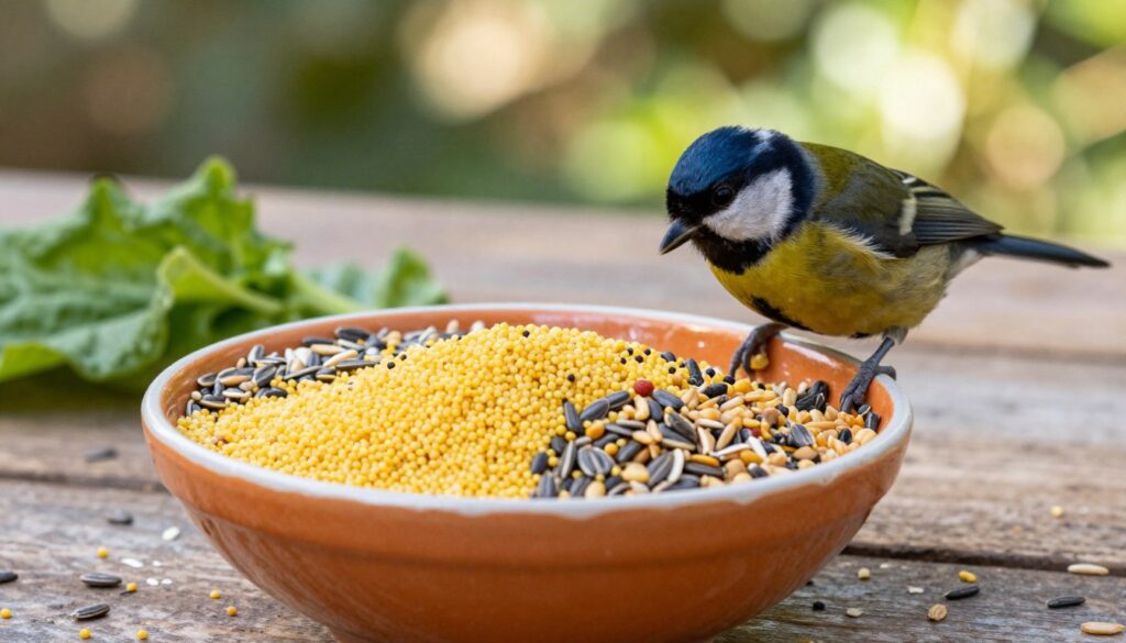 A close-up view of a colorful bowl filled with a variety of grains, prominently featuring millet and other bird-friendly seeds, placed on a rustic wooden table. In the foreground, a curious small bird, with vibrant plumage, is perched on the edge of the bowl, curiously pecking at the grains. The middle ground captures more natural elements, such as scattered seeds and a few leafy greens, suggesting a nutritious setting for the birds. The background features a soft, blurred garden scene with gentle sunlight filtering through foliage, creating a warm and inviting atmosphere. The lighting is natural and bright, emphasizing the textures of the seeds and the feathers of the bird, evoking a sense of harmony and care for nature. A close-up view of a colorful bowl filled with a variety of grains, prominently featuring millet and other bird-friendly seeds, placed on a rustic wooden table. In the foreground, a curious small bird, with vibrant plumage, is perched on the edge of the bowl, curiously pecking at the grains. The middle ground captures more natural elements, such as scattered seeds and a few leafy greens, suggesting a nutritious setting for the birds. The background features a soft, blurred garden scene with gentle sunlight filtering through foliage, creating a warm and inviting atmosphere. The lighting is natural and bright, emphasizing the textures of the seeds and the feathers of the bird, evoking a sense of harmony and care for nature.