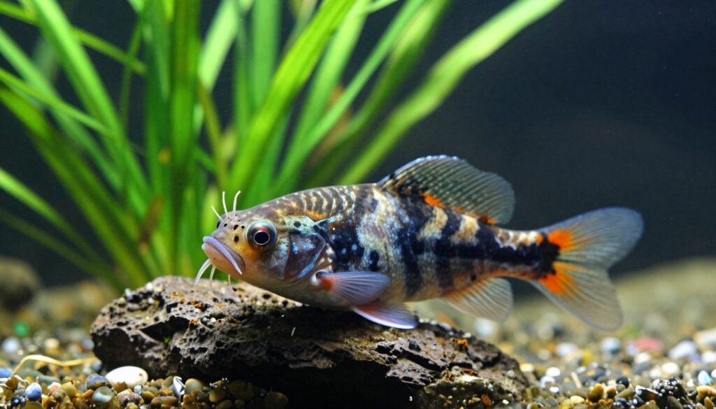 A close-up view of a freshwater aquarium with a focus on a healthy and colorful "zbrojnik rozpoznanie" (Bristlenose Pleco), showcasing its distinctive features such as the bristles on its snout and its patterned body. The fish is positioned prominently in the foreground, gliding over a rocky substrate adorned with lush green plants to depict a natural habitat. Soft, filtered lighting creates a serene atmosphere, highlighting the vibrant colors and textures of the fish and plants. In the background, blurred outlines of aquatic plants and a gentle ripple of water add depth to the scene. The composition captures the essence of a thriving aquarium, reflecting tranquility and the importance of a suitable environment for the species.