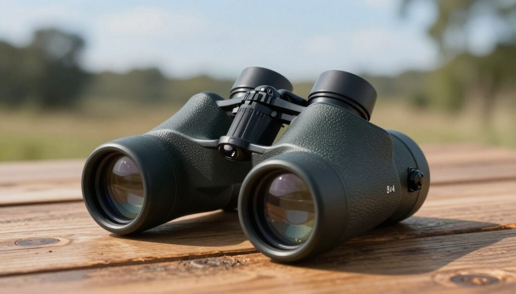 A close-up view of a high-quality pair of 8x42 binoculars placed on a rustic wooden table. The binoculars should feature a sleek design with a smooth finish and detailed texture on the body, highlighting the diameter of the objective lens. Soft, natural lighting illuminates the scene, casting gentle shadows that enhance the binoculars' features. In the background, a blurred landscape with trees and a blue sky suggests an ideal birdwatching environment, evoking a sense of adventure in nature. The focus is sharp on the binoculars, drawing attention to the specifications indicated, while the atmosphere feels tranquil and inviting for birdwatching enthusiasts. No text or markings should be present in the image. A close-up view of a high-quality pair of 8x42 binoculars placed on a rustic wooden table. The binoculars should feature a sleek design with a smooth finish and detailed texture on the body, highlighting the diameter of the objective lens. Soft, natural lighting illuminates the scene, casting gentle shadows that enhance the binoculars' features. In the background, a blurred landscape with trees and a blue sky suggests an ideal birdwatching environment, evoking a sense of adventure in nature. The focus is sharp on the binoculars, drawing attention to the specifications indicated, while the atmosphere feels tranquil and inviting for birdwatching enthusiasts. No text or markings should be present in the image.