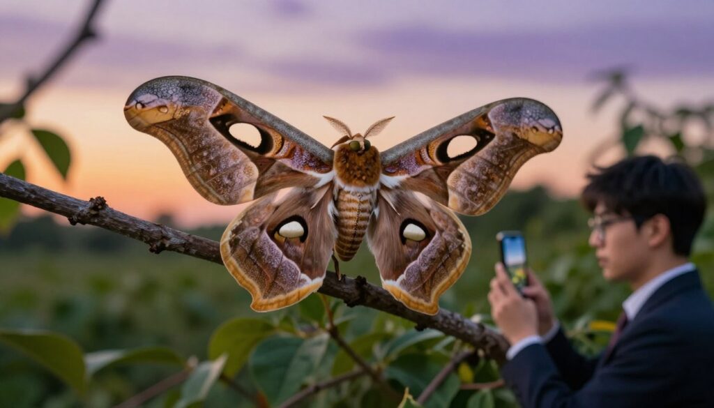 A close-up view of a large, intriguing moth perched on a branch, its dramatic, patterned wings displaying a blend of earthy tones—browns, tans, and hints of iridescent colors. In the foreground, a curious human figure, dressed in professional attire, observes the moth with fascination, capturing the moment on a smartphone. The middle ground features lush green foliage, creating a natural habitat, while the background reveals a soft-focus twilight sky, blending warm oranges and purples, evoking a sense of calmness and mystery. The lighting is soft, with a gentle glow highlighting the texture of the moth’s wings, enhancing its intricate details. The atmosphere is both serene and slightly enigmatic, inviting viewers to ponder the relationship between these creatures and their impact on the environment. A close-up view of a large, intriguing moth perched on a branch, its dramatic, patterned wings displaying a blend of earthy tones—browns, tans, and hints of iridescent colors. In the foreground, a curious human figure, dressed in professional attire, observes the moth with fascination, capturing the moment on a smartphone. The middle ground features lush green foliage, creating a natural habitat, while the background reveals a soft-focus twilight sky, blending warm oranges and purples, evoking a sense of calmness and mystery. The lighting is soft, with a gentle glow highlighting the texture of the moth’s wings, enhancing its intricate details. The atmosphere is both serene and slightly enigmatic, inviting viewers to ponder the relationship between these creatures and their impact on the environment.