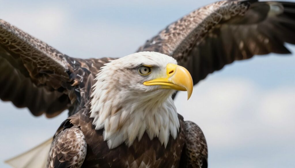 A close-up view of a majestic White-tailed Eagle (Haliaeetus albicilla) beak in focus, showcasing its striking yellow coloration and sharp, hooked shape. The foreground features intricate feather details around the bird's head, highlighting the textures and patterns. In the middle ground, a blurred image of the eagle's powerful wings partially extended, hinting at its size and strength. The background is a bright sky, with soft clouds indicating a tranquil environment. The lighting is natural and soft, capturing the essence of a sunny day. The atmosphere conveys a sense of awe and respect for this magnificent bird, inviting the viewer to appreciate its beauty and athleticism in nature.