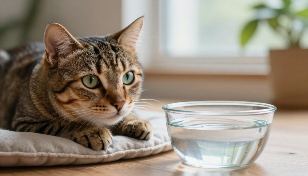 A close-up view of a serene and healthy domestic cat, specifically a tabby, resting comfortably on a soft cushion, surrounded by subtle elements representing hydration and kidney health. In the foreground, the cat has bright, expressive eyes, and its fur is glossy and well-groomed, reflecting vitality. The middle ground features a water bowl filled with clear, fresh water, elegantly positioned beside the cat, symbolizing proper hydration. In the background, soft natural light filters through a window, creating a warm and inviting atmosphere, with green plants subtly hinting at a healthy lifestyle. The overall mood is calm and nurturing, emphasizing the importance of hydration for the cat's kidney health, with a shallow depth of field to keep the focus on the cat and water bowl.