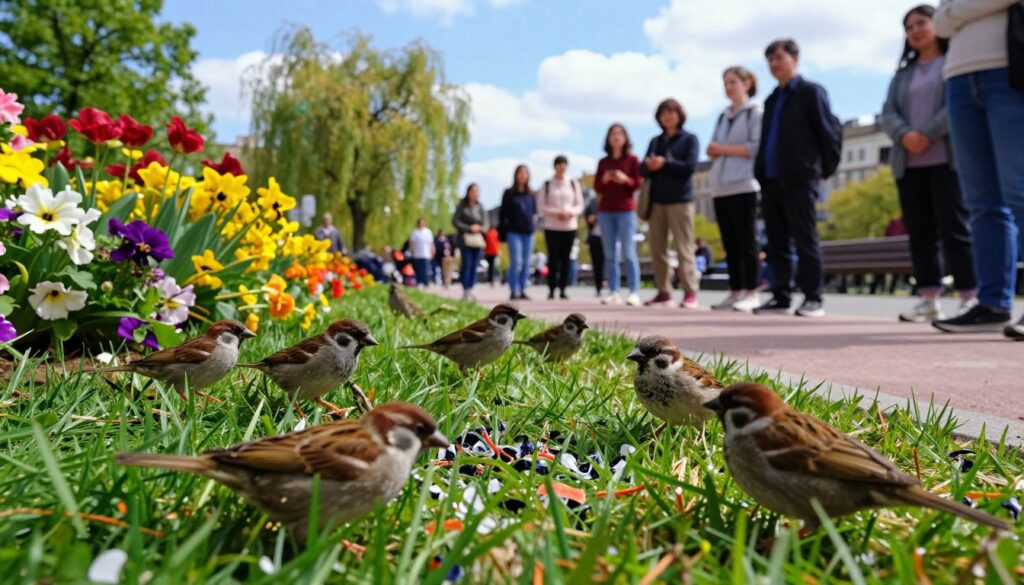A close-up view of a vibrant urban park ground, featuring bird droppings alongside colorful flowers and lush green grass. In the foreground, a group of small birds, like sparrows and finches, are seen foraging for food, with one bird in the act of perching on a branch. The middle ground consists of clear, sunlit pathways, where curious onlookers pause to observe, their expressions intrigued and educational. In the background, trees sway gently in a soft breeze under a bright blue sky dotted with fluffy white clouds. The lighting is warm and inviting, highlighting the natural beauty of the scene, creating a mood of curiosity and appreciation for nature's wonders. The image should convey a wholesome environment, perfect for illustrating the topic. A close-up view of a vibrant urban park ground, featuring bird droppings alongside colorful flowers and lush green grass. In the foreground, a group of small birds, like sparrows and finches, are seen foraging for food, with one bird in the act of perching on a branch. The middle ground consists of clear, sunlit pathways, where curious onlookers pause to observe, their expressions intrigued and educational. In the background, trees sway gently in a soft breeze under a bright blue sky dotted with fluffy white clouds. The lighting is warm and inviting, highlighting the natural beauty of the scene, creating a mood of curiosity and appreciation for nature's wonders. The image should convey a wholesome environment, perfect for illustrating the topic.