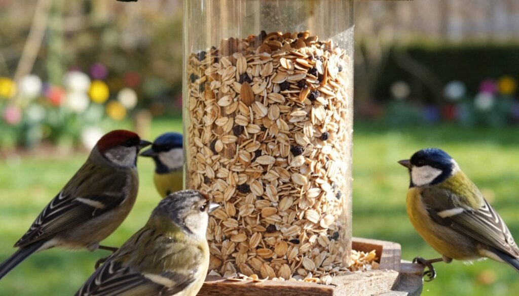 A close-up view of a wooden bird feeder filled with fresh, organic oat flakes for birds, surrounded by a variety of colorful wild birds such as finches and sparrows. Bright morning light filters through the trees, creating a warm and inviting atmosphere with soft shadows. In the background, a blurred garden with blooming flowers and lush greenery adds a natural touch, enhancing the scene's tranquility. The focus is on the oaten flakes, showcasing their texture and color, while the birds are captured in an energetic state, actively feeding. The angle is slightly elevated, giving a clear perspective of the feeder and its contents, inviting the viewer to appreciate this nutritious alternative to bread for birds.