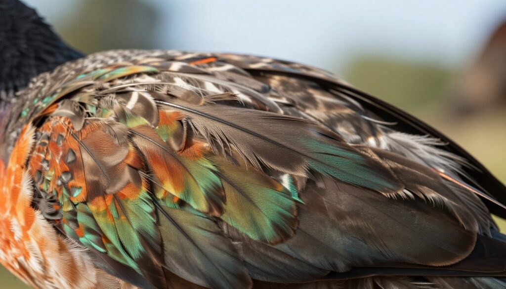 A close-up view of colorful bird feathers showcasing their intricate structure and textures, illustrating the concept of natural insulation. The foreground features a variety of feathers in rich detail, capturing the iridescence and softness that contribute to thermal regulation. In the middle, a gentle light enhances the vivid colors, casting subtle shadows that highlight the layering of feathers. The background is softly blurred, depicting a natural habitat with hints of foliage or a soft sky, creating a serene environment that emphasizes warmth and comfort. The overall mood is tranquil and educational, inviting exploration into the fascinating mechanisms of temperature regulation in birds. High-quality lighting mimics natural sunlight, enhancing the colors and textures of the feathers. A close-up view of colorful bird feathers showcasing their intricate structure and textures, illustrating the concept of natural insulation. The foreground features a variety of feathers in rich detail, capturing the iridescence and softness that contribute to thermal regulation. In the middle, a gentle light enhances the vivid colors, casting subtle shadows that highlight the layering of feathers. The background is softly blurred, depicting a natural habitat with hints of foliage or a soft sky, creating a serene environment that emphasizes warmth and comfort. The overall mood is tranquil and educational, inviting exploration into the fascinating mechanisms of temperature regulation in birds. High-quality lighting mimics natural sunlight, enhancing the colors and textures of the feathers.