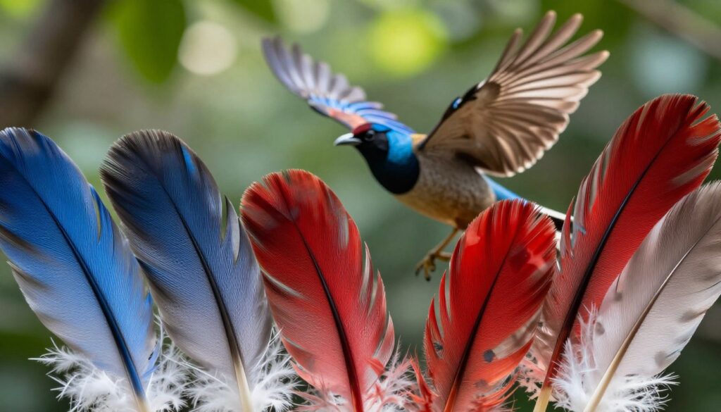 A close-up view of various bird feathers intricately detailed, showcasing their unique textures, colors, and patterns. In the foreground, display a vibrant array of feathers, including iridescent blues, deep reds, and soft white down, each feather highlighting its structure such as barbs and shaft. In the middle ground, depict a bird in mid-flight, showcasing its well-defined wings, emphasizing the role of feathers in flight dynamics. The background should be a blurred natural setting, perhaps a lush green forest, to evoke a sense of the bird's habitat. The lighting should be soft and natural, capturing sunlight filtering through leaves, enhancing the colors of the feathers. The mood is serene and enlightening, celebrating the intricate beauty of nature's designs.
