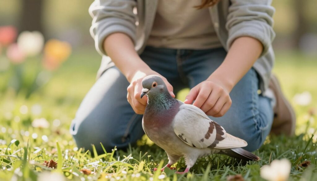 A compassionate scene depicting a person providing first aid to a weakened pigeon in an outdoor setting. In the foreground, a gently cradled pigeon shows signs of distress, with a soft focus on its delicate feathers. In the middle ground, a caring individual in casual attire kneels, gently checking the bird’s wings and body for injuries, demonstrating a nurturing gesture. Surrounding them, a bright, sunlit park setting with soft green grass and blooming flowers evokes a serene atmosphere, highlighting nature's beauty. The lighting is warm and inviting, enhancing the sense of hope and care. A shallow depth of field blurs the background slightly, drawing attention to the tender interaction between the person and the bird. A compassionate scene depicting a person providing first aid to a weakened pigeon in an outdoor setting. In the foreground, a gently cradled pigeon shows signs of distress, with a soft focus on its delicate feathers. In the middle ground, a caring individual in casual attire kneels, gently checking the bird’s wings and body for injuries, demonstrating a nurturing gesture. Surrounding them, a bright, sunlit park setting with soft green grass and blooming flowers evokes a serene atmosphere, highlighting nature's beauty. The lighting is warm and inviting, enhancing the sense of hope and care. A shallow depth of field blurs the background slightly, drawing attention to the tender interaction between the person and the bird.
