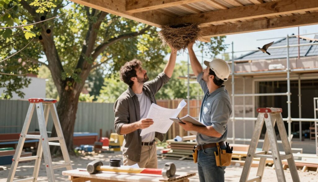 A construction site during a renovation, featuring two professionals in modest casual clothing, carefully examining a bird nest nestled under the roof eaves. In the foreground, tools like hammers and ladders are scattered to indicate ongoing work. The middle ground depicts the workers communicating, one holding a blueprint, while the other takes notes. Bright daylight filters through the trees, casting dappled shadows to create a warm, inviting atmosphere. In the background, scaffolding and a partially renovated building can be seen, with birds fluttering nearby to add a sense of wildlife. The overall mood conveys a blend of diligence and respect for nature, emphasizing safety and legal protection for birds during construction.