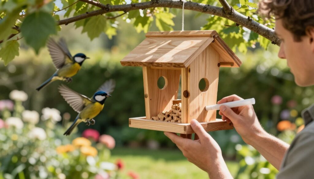 A cozy outdoor scene featuring a wooden bird feeder undergoing the impregnation process. In the foreground, a craftsman applies a natural, non-toxic wood preservative to the feeder, showcasing careful attention to detail. The middle layer includes the bird feeder hanging from a tree branch, surrounded by lush greenery and colorful birds fluttering nearby, enacting a vibrant atmosphere of nature. The background reveals a soft-focus garden with blooming flowers and dappled sunlight filtering through the leaves, creating a warm, inviting mood. The lighting is bright and natural, enhancing the textures of the wood and the cheerful colors of the birds. Ensure that the entire scene radiates safety and harmony with wildlife.