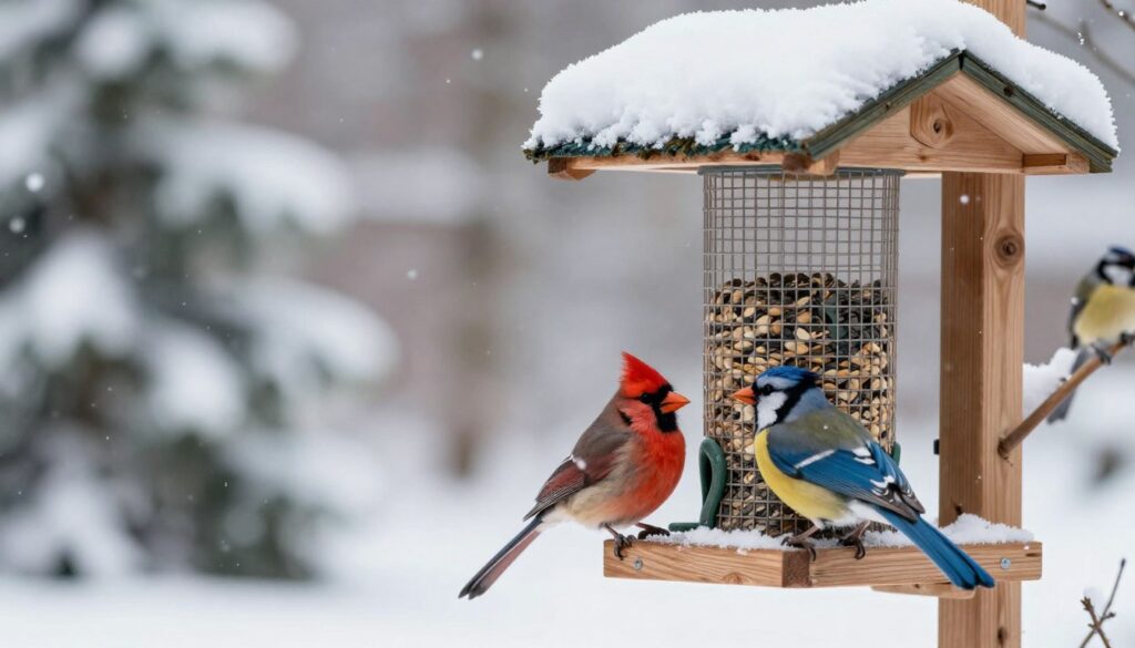 A cozy winter scene depicting a bird feeder filled with various seeds designed to attract different types of birds. In the foreground, vibrant cardinals and blue jays perch on the feeder, their colorful plumage contrasting beautifully against the snow-dusted landscape. The middle ground features a wooden bird feeder, crafted simply, with a few snowflakes gently falling around it. The background shows a serene winter forest, with evergreen trees covered in a blanket of white snow, softly illuminated by diffused daylight, creating a tranquil atmosphere. The scene conveys a sense of warmth and care for nature, inviting viewers to appreciate the beauty of winter bird feeding.