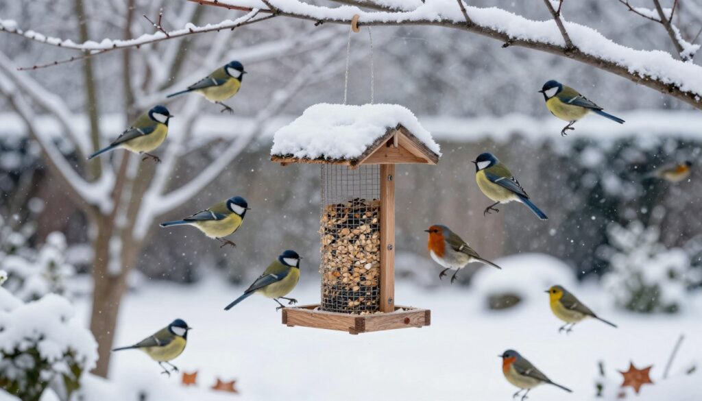 A cozy winter scene depicting various birds flocking around a bird feeder in a snowy landscape. In the foreground, a wooden bird feeder filled with high-energy seeds and nuts, surrounded by a mix of colorful birds such as blue tits, robins, and sparrows. The middle ground features a snow-covered garden with a few leafless trees, their branches heavy with snow, and a scattering of fallen leaves. The background showcases a soft, overcast sky casting a cool, muted light over the scene, enhancing the serene atmosphere. A gentle snowfall is visible, creating a peaceful winter mood. The composition captures the essence of providing safe and nutritious food for birds during the harsh winter months, emphasizing the importance of wildlife care in colder seasons.