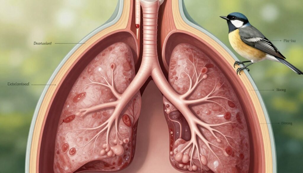A cross-section view of avian lungs illustrating the unique unidirectional airflow system found in birds. In the foreground, showcase detailed anatomical structures, including air sacs and bronchi, with scientific labels subtly integrated into the design. The middle ground features an airflow diagram, with arrows indicating the direction of movement through the lungs, highlighting the continuous flow principle. In the background, a serene, natural environment with soft, diffused lighting, suggesting the vitality of bird life, enhances the overall atmosphere. Use a slightly elevated perspective to capture the complexity of the internal structures while maintaining a clean and educational look. The composition should evoke a sense of wonder about the intricacies of bird respiration without any text or distracting elements. A cross-section view of avian lungs illustrating the unique unidirectional airflow system found in birds. In the foreground, showcase detailed anatomical structures, including air sacs and bronchi, with scientific labels subtly integrated into the design. The middle ground features an airflow diagram, with arrows indicating the direction of movement through the lungs, highlighting the continuous flow principle. In the background, a serene, natural environment with soft, diffused lighting, suggesting the vitality of bird life, enhances the overall atmosphere. Use a slightly elevated perspective to capture the complexity of the internal structures while maintaining a clean and educational look. The composition should evoke a sense of wonder about the intricacies of bird respiration without any text or distracting elements.