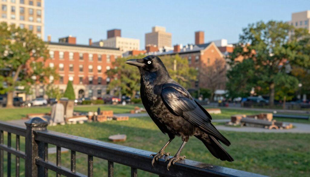 A crow-like bird, the kawka, perched on a metal railing in an urban park setting. The foreground should feature the kawka's distinctive eye markings and sleek black feathers, reflecting iridescent shades in the sunlight. In the middle ground, a cityscape filled with red brick buildings and green trees surrounds the park, while scattered fragments of ruins hint at the city's history. The background should include blurred outlines of distant high-rises under a clear blue sky, enhancing the sense of urban life. Soft, warm afternoon lighting casts gentle shadows, creating an inviting atmosphere. Capture the scene from a slightly low angle to emphasize the kawka and its urban habitat, evoking a peaceful yet vibrant mood. A crow-like bird, the kawka, perched on a metal railing in an urban park setting. The foreground should feature the kawka's distinctive eye markings and sleek black feathers, reflecting iridescent shades in the sunlight. In the middle ground, a cityscape filled with red brick buildings and green trees surrounds the park, while scattered fragments of ruins hint at the city's history. The background should include blurred outlines of distant high-rises under a clear blue sky, enhancing the sense of urban life. Soft, warm afternoon lighting casts gentle shadows, creating an inviting atmosphere. Capture the scene from a slightly low angle to emphasize the kawka and its urban habitat, evoking a peaceful yet vibrant mood.