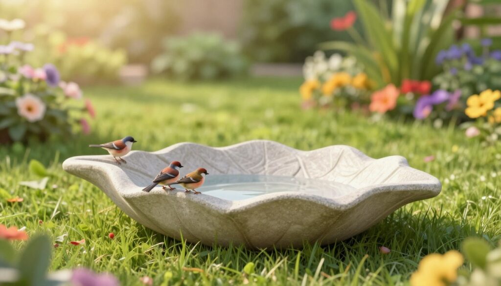 A decorative birdbath designed in the shape of a leaf, made from textured, light-colored cement. The birdbath has subtle veins and curves, giving it a natural appearance, perfectly blending with a garden setting. In the foreground, a few small birds are perched on the edge, drinking from the shallow water. The middle ground features vibrant green grass and colorful flowers surrounding the birdbath, adding a lively touch. The background displays a blurred out view of lush garden plants under soft, warm afternoon sunlight, creating a cheerful and inviting atmosphere. The scene is captured with a shallow depth of field, emphasizing the birdbath while softening the background for a dreamy effect.