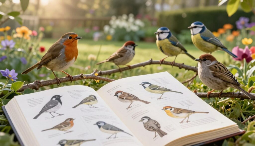 A detailed and informative scene capturing the ornithological context of birds in a garden setting, focusing on bird identification specs. In the foreground, an illustration of a birdwatcher's guidebook is open, showcasing detailed sketches and specifications of various birds, including silhouette shapes and labeled features. The middle ground features a variety of garden birds, like a robin, blue tit, and sparrow, perched on branches displaying their unique postures. In the background, a sunlit garden filled with colorful flowers and lush greenery provides a serene atmosphere, enhancing the mood of early morning birdwatching. The lighting is warm and inviting, with soft sunlight filtering through the leaves, creating a peaceful and educational scene. The angle is slightly elevated, offering a comprehensive view of the birds and the guidebook.
