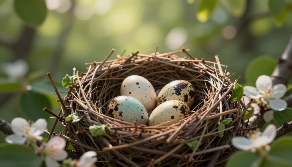A detailed and serene depiction of a bird's nest with vibrant eggs nestled inside, set against a softly blurred background of a lush green forest. In the foreground, the intricately woven nest, made of twigs and leaves, showcases various speckled eggs, symbolizing the reproductive process of birds. Surrounding the nest, delicate blossoms and greenery add a natural touch, enhancing the atmosphere of nurturing and protection. Soft, dappled sunlight filters through the leaves above, creating a warm glow that illuminates the nest, casting gentle shadows. The image should evoke a sense of tranquility and life, capturing the essence of avian reproduction and the tender care involved in raising offspring.