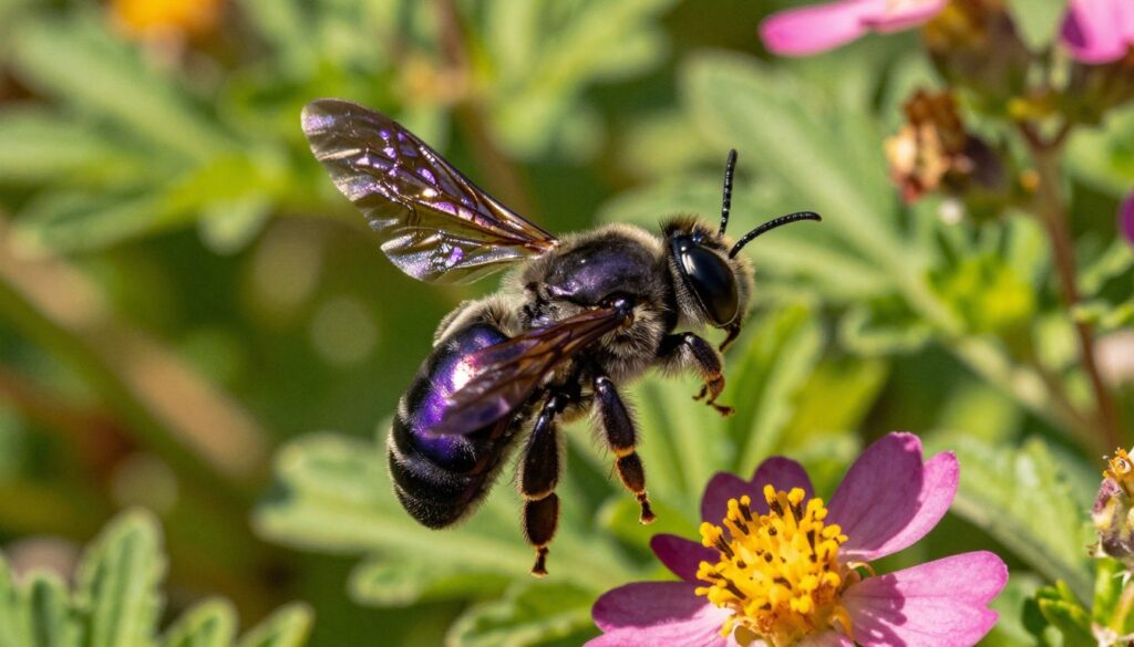 A detailed and vibrant portrayal of a "zadrzechnia fioletowa" (Xylocopa violacea), a large, striking violet carpenter bee, prominently featured in the foreground. The bee is depicted with its iridescent purple-black body, focusing on its large compound eyes and impressive wings glimmering in the sunlight. In the middle ground, lush green foliage and vibrant flowers provide a natural habitat backdrop, emphasizing the bee’s role in nature. The lighting is bright and warm, reminiscent of a sunny afternoon, casting soft shadows and highlighting details on the bee’s fur. The atmosphere is lively and tranquil, encapsulating the essence of a thriving ecosystem. The composition is captured from a low angle, drawing the viewer's gaze upwards towards the bee as it hovers delicately above the blooms. A detailed and vibrant portrayal of a "zadrzechnia fioletowa" (Xylocopa violacea), a large, striking violet carpenter bee, prominently featured in the foreground. The bee is depicted with its iridescent purple-black body, focusing on its large compound eyes and impressive wings glimmering in the sunlight. In the middle ground, lush green foliage and vibrant flowers provide a natural habitat backdrop, emphasizing the bee’s role in nature. The lighting is bright and warm, reminiscent of a sunny afternoon, casting soft shadows and highlighting details on the bee’s fur. The atmosphere is lively and tranquil, encapsulating the essence of a thriving ecosystem. The composition is captured from a low angle, drawing the viewer's gaze upwards towards the bee as it hovers delicately above the blooms.