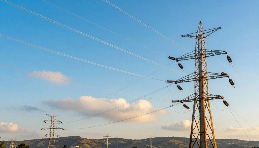 A detailed and vivid depiction of high-voltage power lines stretching across a bright blue sky, with electric currents visibly pulsating along the wires in shades of blue and white. In the foreground, focus on the textured metal of the pylons, showcasing detailed rust and paint variations that reveal their age. In the middle ground, capture multiple lines crisscrossing, creating a dynamic sense of energy and movement, while birds comfortably perch on the wires, illustrating their safety. The background features distant hills under a warm, sunny atmosphere, with soft clouds drifting by. Use natural lighting to highlight the electric currents, adding a hint of shimmer. The lens should provide a slightly angled view, conveying a sense of perspective and depth. The overall mood should be vibrant and engaging, reflecting the interaction between nature and technology.