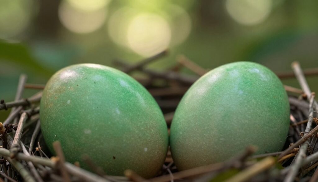 A detailed close-up of a vibrant green eggshell, showcasing its intricate texture and subtle variations in color. The foreground features the eggshell with a soft sheen, revealing delicate speckles and organic patterns typical of bird eggs. In the middle ground, include a blurred representation of a bird’s nest made of twigs and leaves, evoking a natural habitat. The background should consist of a soft-focus, dreamy forest setting, with dappled sunlight filtering through the leaves, creating an ethereal atmosphere. The lighting should be warm and inviting, emphasizing the unique coloration of the egg. The overall mood is serene and contemplative, reflecting the theme of nature's beauty and the science behind the colors of eggshells.