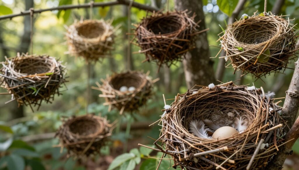 A detailed close-up of various bird nests displayed in a natural forest setting, showcasing different materials used in their construction—twigs, grass, leaves, feathers, and mud. In the foreground, highlight a beautifully woven nest with intricate patterns and soft lining, possibly containing eggs. The middle ground features nests of different shapes and sizes hanging on tree branches or nestled in bushes, demonstrating the diversity of nest architecture. In the background, a softly blurred, sunlit forest ambiance creates a serene atmosphere, with dappled sunlight filtering through the leaves. The focus is sharp on the nests, while the background is artistically out of focus, emphasizing the nests' details. The mood is tranquil and inviting, perfect for studying the art of nest identification.