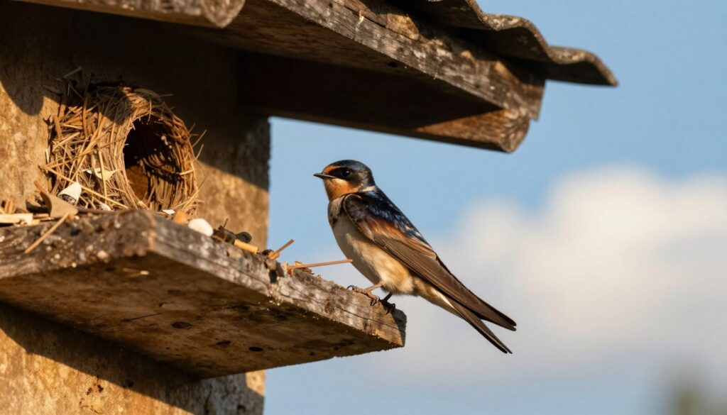 A detailed depiction of a European Swift (Apus apus) perched on the edge of a rustic building eaves, with its distinctive streamlined body and long, sweeping wings. In the foreground, show the swift with intricate feather patterns in rich browns and grays, showcasing its characteristic forked tail. In the middle ground, integrate glimpses of a typical nesting site, highlighting a small, intricately woven nest tucked under the eaves, surrounded by natural elements like twigs and small pieces of materials the bird might use. The background should feature a soft-focus representation of a blue sky, dotted with fluffy white clouds, at golden hour for warm, inviting lighting. The mood should be peaceful and serene, emphasizing the natural beauty of this bird and its habitat. Ensure the composition allows for a clear view, with vibrant colors that attract attention without including any text or watermarks.