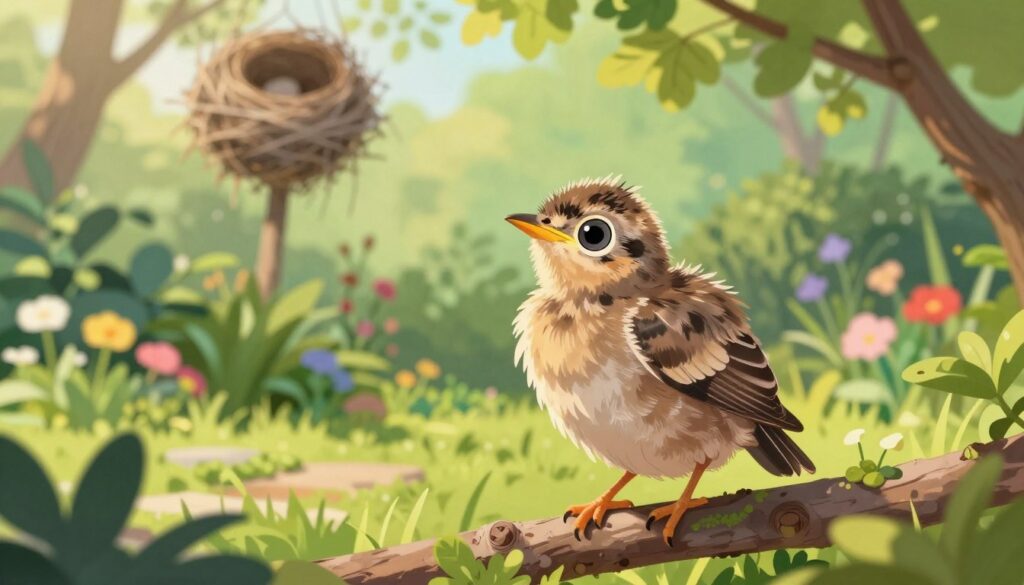 A detailed illustration depicting a fledgling bird, perched on a low branch in a lush green garden. In the foreground, the fledgling showcases soft feathers with a patchy appearance, emphasizing its transition from a nestling to a juvenile. Its big, innocent eyes convey curiosity, while its slightly awkward stance hints at its recent exploration of the world. In the middle ground, various garden plants, such as colorful flowers and dense foliage, create a vibrant habitat. The background features a blurred view of a bird's nest high in a tree, partly obscured by leaves, symbolizing its home. The scene is bathed in warm, soft sunlight filtering through the foliage, casting gentle shadows and highlighting the freshness of a tranquil spring morning, evoking a sense of nurturing and care. A detailed illustration depicting a fledgling bird, perched on a low branch in a lush green garden. In the foreground, the fledgling showcases soft feathers with a patchy appearance, emphasizing its transition from a nestling to a juvenile. Its big, innocent eyes convey curiosity, while its slightly awkward stance hints at its recent exploration of the world. In the middle ground, various garden plants, such as colorful flowers and dense foliage, create a vibrant habitat. The background features a blurred view of a bird's nest high in a tree, partly obscured by leaves, symbolizing its home. The scene is bathed in warm, soft sunlight filtering through the foliage, casting gentle shadows and highlighting the freshness of a tranquil spring morning, evoking a sense of nurturing and care.