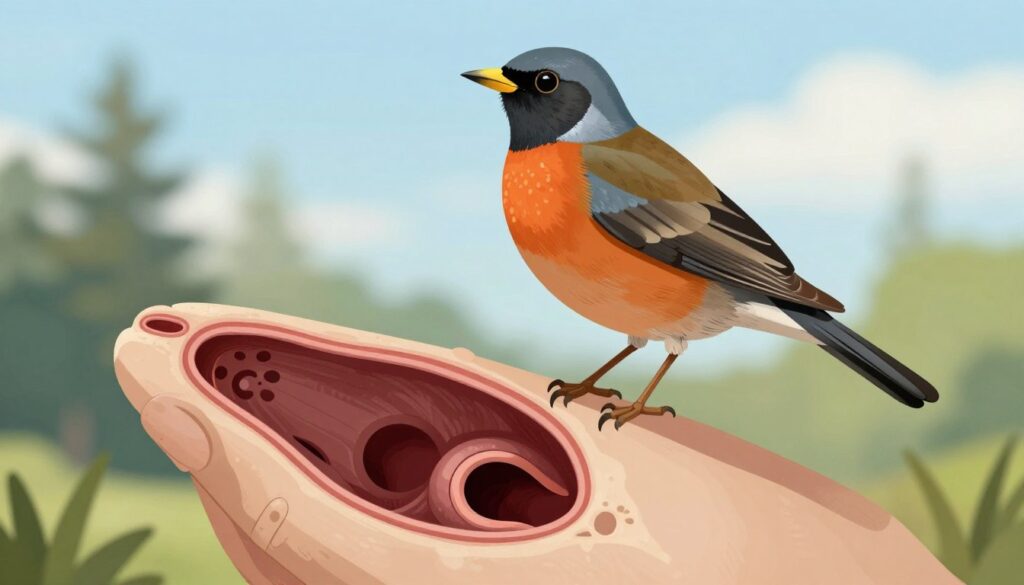 A detailed illustration of a bird's cloaca, set against a clean and natural environment. In the foreground, showcase a close-up view of the cloaca itself, highlighting its anatomical structure with intricate details, such as the various openings for excretion and reproduction. In the middle ground, include a stylized representation of a bird perched comfortably, angled slightly to emphasize the cloaca, with feathers in vibrant colors. In the background, create a soft-focus depiction of a serene natural habitat, like a forest or open sky, to evoke a calm and informative atmosphere. Use warm, natural lighting to enhance the subject's features and provide a sense of life and vitality. Capture this from a slightly elevated angle to provide clarity and depth to the scene. A detailed illustration of a bird's cloaca, set against a clean and natural environment. In the foreground, showcase a close-up view of the cloaca itself, highlighting its anatomical structure with intricate details, such as the various openings for excretion and reproduction. In the middle ground, include a stylized representation of a bird perched comfortably, angled slightly to emphasize the cloaca, with feathers in vibrant colors. In the background, create a soft-focus depiction of a serene natural habitat, like a forest or open sky, to evoke a calm and informative atmosphere. Use warm, natural lighting to enhance the subject's features and provide a sense of life and vitality. Capture this from a slightly elevated angle to provide clarity and depth to the scene.