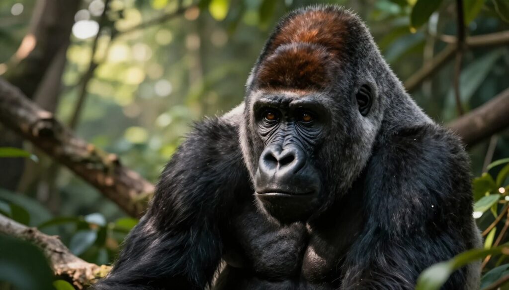 A detailed illustration of a mature gorilla in a naturalistic environment, showcasing its physical features such as muscular build, expressive eyes, and a thick, glossy fur coat that varies in color from dark black to deep brown. In the foreground, a close-up of the gorilla's face exhibits signs of age, such as subtle wrinkles and wise expressions, emphasizing the importance of assessing an animal's age. The middle ground features branches and foliage, creating a lush jungle atmosphere. In the background, soft dappled sunlight filters through the leaves, casting gentle shadows that enhance the serene feeling of the scene. The image should evoke a sense of respect and admiration for these majestic creatures, captured from a slightly low angle to establish their strength and presence in the wild.